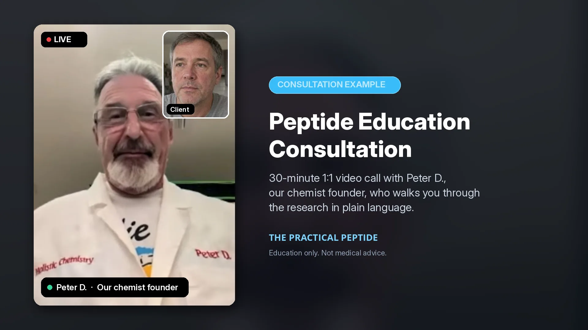 Example of a 30-minute peptide education consultation with Peter D. over video call.